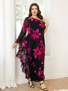 Reflora 大码女式印花拼接荷叶边蝙蝠袖优雅连体裤 - 玫紅色 - 查看 5