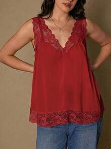 Freevana Plus Size Romantic & Elegant Early Spring New Lace Patchwork Women Camisole - Red - View 7