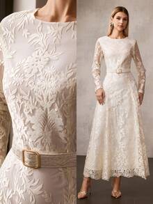 MOTF PREMIUM VESTIDO LARGO DE MALLA BORDADA ELEGANTE CON CINTURÓN - Albaricoque - Ver 9