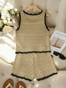 SHEIN Franclia 新款简约夏日度假风优雅镂空波浪领性感吊带背心修身显瘦沙滩度假撞色无袖针织女式毛衣两件套 - 卡其色 - 查看 2