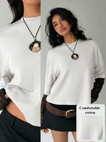 Aloruh 女士休闲纯色圆领修身T恤，饰有甜美蕾丝拼接 - 白色 - 查看 9