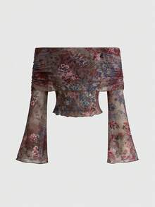ROMWE Hippie 女士印花露肩喇叭袖上衣 - 彩色 - 查看 1