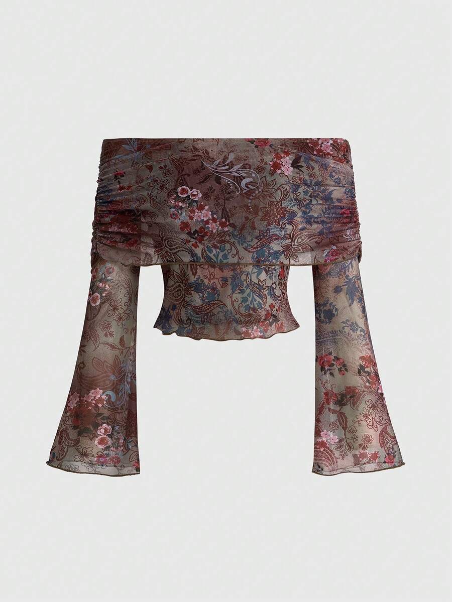 ROMWE Hippie 女士印花露肩喇叭袖上衣 - 彩色 - 查看 1