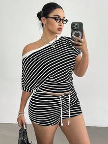 Sunnyshic Plus Size Striped Off-Shoulder Sexy Top & Drawstring Casual Shorts Set For Women - Black and White - View 5