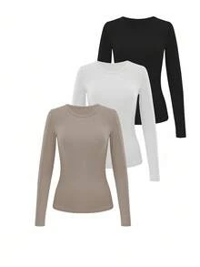 EMERY ROSE 3pcs Women Solid Color Crew Neck Ribbed Long Sleeve Casual T-Shirts Set - Multicolor - View 3