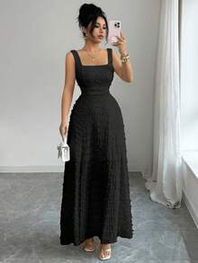 Elenzga Nuevo vestido de punto texturizado sin mangas con cuello cuadrado y diseño de lazo de mariposa en la espalda abierta, elegante vestido ajustado para fiesta - Negro - Ver 7