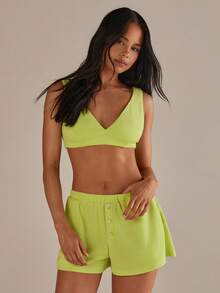 Athîral Bộ đồ 2 món dành cho nữ, kiểu dáng thường ngày, màu trơn, gồm áo tank top và quần short, thích hợp cho kỳ nghỉ. - màu xanh lá - Xem 6