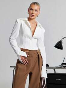 SHEIN Haute Áo sơ mi nữ dài tay kiểu dáng công sở sang trọng, cổ điển, gợi cảm, có gọng ở vai, dành cho nữ. - trắng - Xem 4