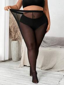 SHEIN PETITE CURVE 新款加大码女式小码黑色紧身裤，防滑过膝长筒袜，黑色网纱拼接打底裤，休闲日常穿着，高腰设计让您看起来更苗条，腿部更修长，适合娇小身材的女性。适合所有季节和场合，适合娇小女孩和女性，夏季打底裤。 - 黑色 - 查看 3