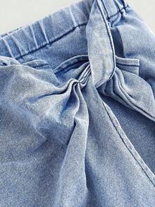 SHEIN PETITE CURVE Plus Size Women Blue Denim Elastic Skinny Shorts Jorts - Light Wash - View 3