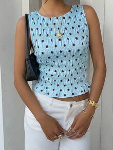 Siren Gaze 波点腰部荷叶边无袖圆领夏季时尚背心 - 淺藍色 - 查看 7
