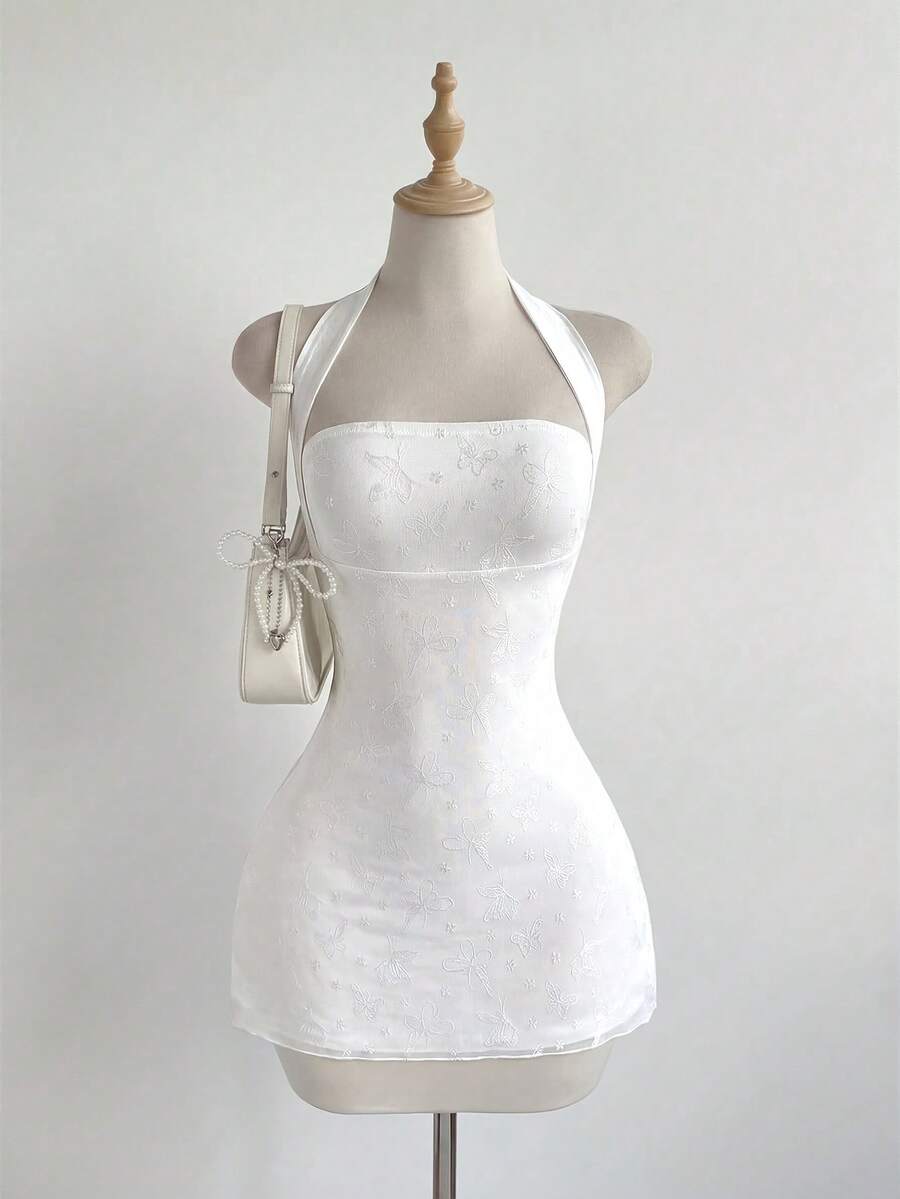Elamini Women's Sweet Halter Colorblock Mesh Butterfly Print Mini Party Dress, Waist Cinched Sexy, Cute Butterfly Tie Back Design - White - View 1
