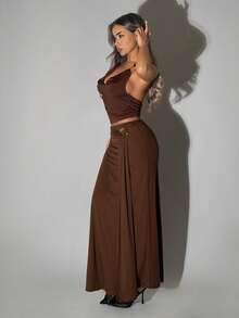 SHEIN ICON Elegant Girlisim Ribbon Metal Decor Extra Low Waist Skirt Golf Pastal Autumn - Brown - View 5