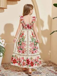 SHEIN Tween Girl Floral Print Cap Sleeve Elegant Vacation Dress - Multicolor - View 2