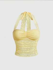 Sweetness Áo camisole nữ kiểu vintage đa năng, cổ yếm ren, đính nơ. - Vàng nhạt - Xem 1