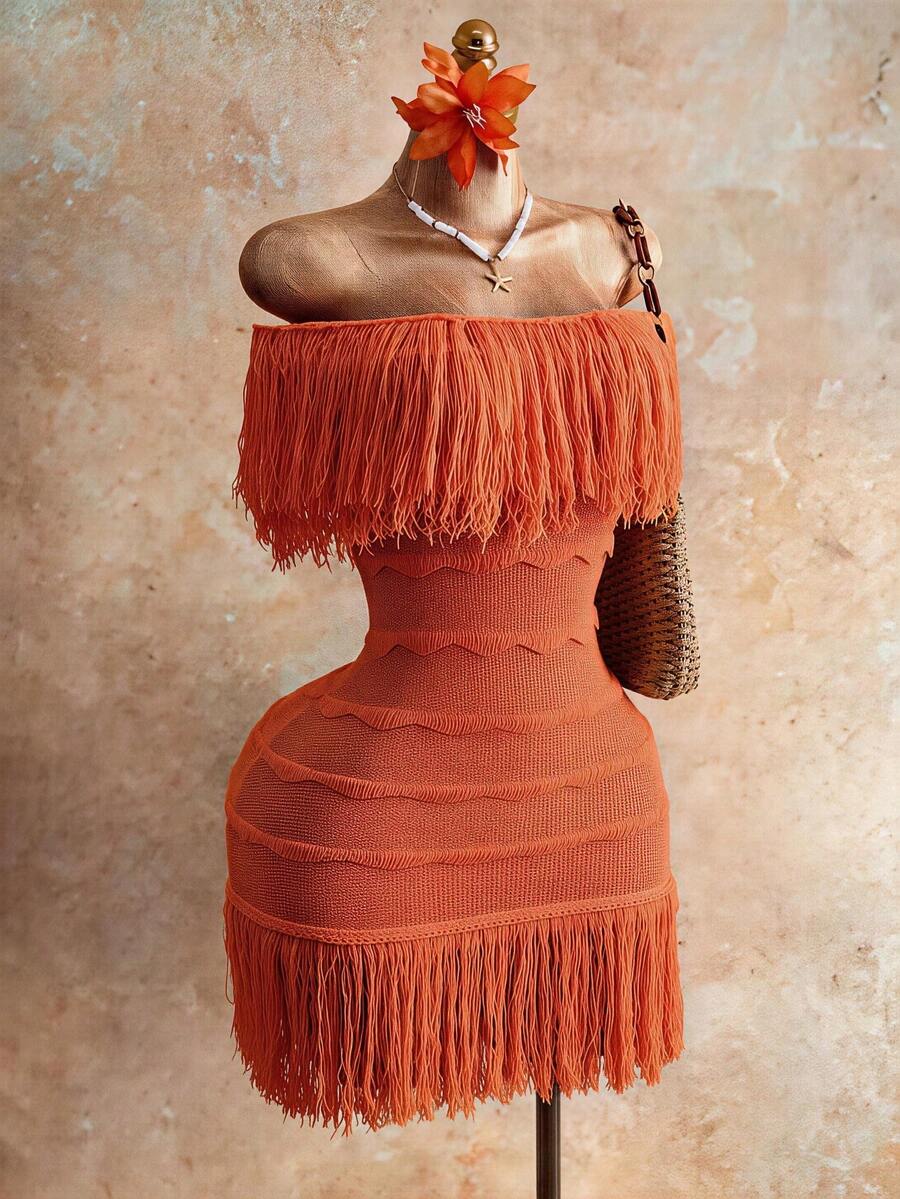 Mistrie Đầm len nữ, trễ vai, họa tiết sọc lượn sóng ba chiều, tua rua, ngắn, màu vàng, dáng ôm, gợi cảm, thích hợp cho kỳ nghỉ, tiệc tùng thường ngày, thời trang nữ, mùa xuân/thu, hè, đông. - Màu hồng gỉ - Xem 1