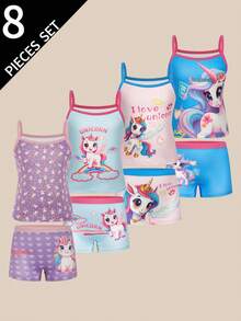 SHEIN 8pcs/Set Young Girl' Unicorn Pony Suspender Dress + Soft Briefs Underwear Set - Multicolor - View 3