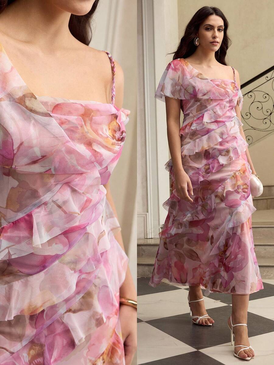 ZEYLAH Floral Print Asymmetric Ruffle Hem Dress - Multicolor - View 1