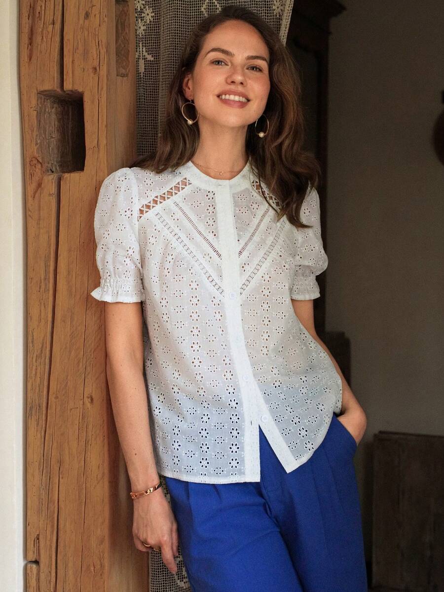 Dayvera Áo sơ mi nữ thêu họa tiết, kiểu dáng thường ngày, tay phồng. - Đỏ - Xem 1