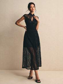 Poéselle New Chinese Style Lace Cheongsam Dress, Slim Fit Open Front High Slit Elegant A-Line Dress For Women - Black - View 5