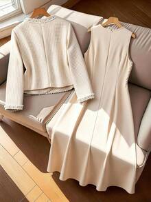 GlowEve CURVE Women's Khaki Tweed Plain Long Sleeve Jacket With Short Dress Elegant Two Piece Set - Khaki - View 2