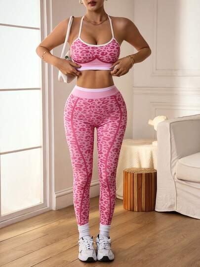 Slayform 1 Set Pink Leopard Print Seamless Women Sports Suit, Backless, Soft & Comfortable Fit, Suitable For Workout, Running, Casual, Yoga Leggings Sets 2 Piece Women Active Wear Sets Women S Summer 2 Piece Sets Womens Workout Sets Workout Clothes For Women Sets