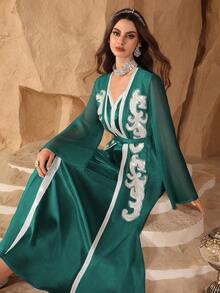 Al Najma Satin Solid Color Ribbon Decor, Adorn With Luxurious 3D Floral, Waist-Cinching Elegant 2 In 1 Arabic Style Dress - Green - View 6