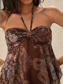 Easelle Áo tank top cổ yếm bằng vải lưới in họa tiết dành cho nữ - màu nâu - Xem 3