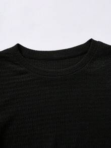 SHEIN 少女纯棕色纹理针织侧褶短袖修身T恤和阔腿裤休闲两件套 - 黑色 - 查看 4