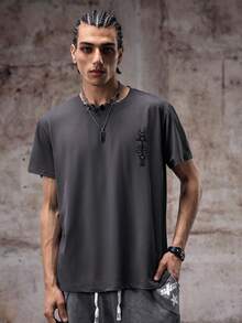 男士夏季圆领短袖休闲 T 恤，带星星图案 - 灰色 - 查看 4