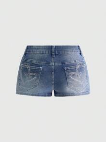 ROMWE Y2K Retro Low-Waist Heart Pocket Rhinestone Embellished Mini Women Denim Shorts - Blue - View 2