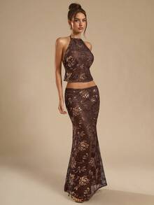 SHEIN BAE Áo kiểu nữ màu nâu đính cườm, thêu họa tiết, hở lưng, thích hợp mặc đi nghỉ mát, kiểu dáng thanh lịch. - Rỉ Nâu - Xem 4