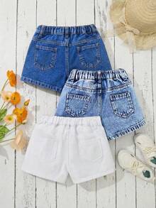 3条装女童宽松牛仔短裤，蓝白相间 - 深色水洗藍 - 查看 2
