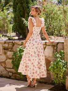 KARISMINA 女士休闲优雅浪漫度假沙滩方领印花弹力腰连衣裙，粉色连衣裙 - 粉色 - 查看 14