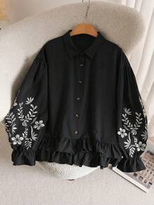 CosyJoli Plus Size Women Embroidered Single-Breasted Ruffle Hem Blouse - Black - View 1