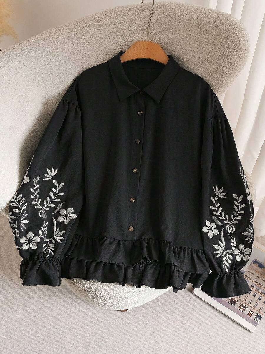 CosyJoli Plus Size Women Embroidered Single-Breasted Ruffle Hem Blouse - Black - View 1