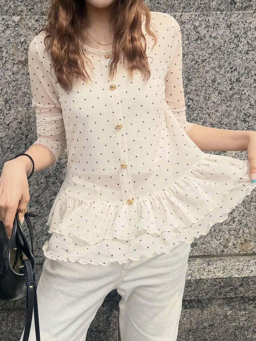 FRIFUL Women's Summer Polka Dot Pattern Button Design Ruffle Hem Blouse - White - View 1