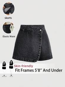 SHEIN Tall CURVE 大码女式纽扣腰不对称下摆牛仔短裙 - 黑色 - 查看 1
