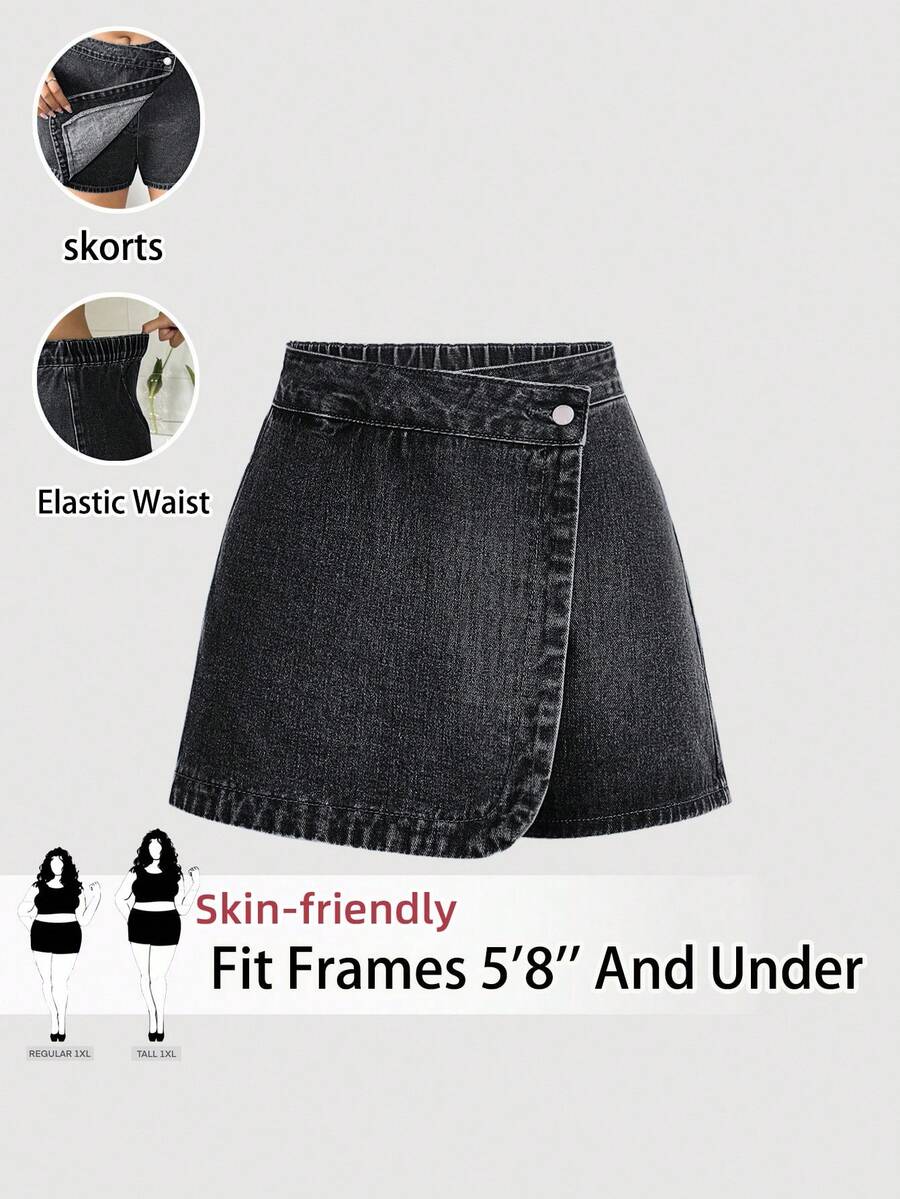 SHEIN Tall CURVE 大码女式纽扣腰不对称下摆牛仔短裙 - 黑色 - 查看 1
