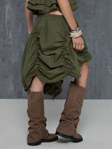 COUREZ 低腰不对称褶皱中长裙 / Y2K 夏季女装 夏季穿搭 绿色裙子 中长裙 外出穿搭 音乐节穿搭 演唱会穿搭 春季女装 - 軍綠色 - 查看 3