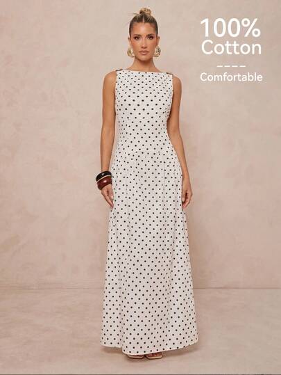 Lumalex Women's 100% Cotton Sleeveless Boat Neck Polka Dot Gold Button Shoulder Decoration Fitted Waist A-Line Pleated Maxi Dress, Perfect For Summer, Business Casual, Spring-Break Trips, Cruises, Beach Weekends, Vacations, Parties, Date Nights, Weddings, Proms, Banquets, Birthdays, Carnivals, Festivals, And Other Holiday Events. Showcases Romantic Valentine Vibes, Neo-Girly Charm, Boho-Casual Flair, Quiet Luxury, Business Chic, And Relaxed Vacay Elegance, Style For Luxury Proms, Receptions, Banquets, Weddings, Raves, Festivals, Holiday Gatherings, Outdoor Evening Occasions-Ideal, Party Looks