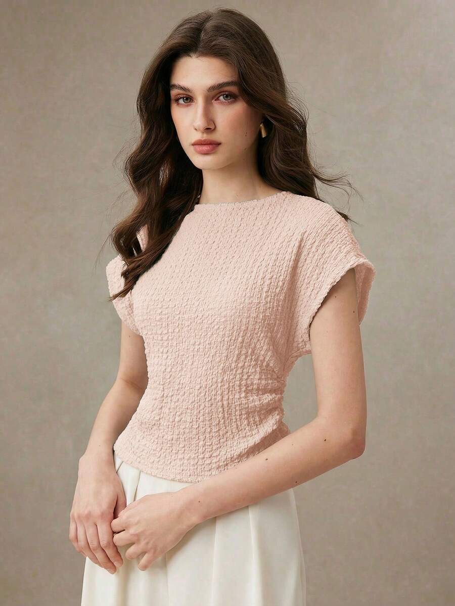 BizChic 抓皺修身 T-shirt,休閒運動鄉村風,日常商務通勤約會度假辦公,顯瘦優雅性感百搭,適合夏秋萬聖節開學派對生日婚禮賓客特殊場合出遊海灘聚會社交假期購物下午茶旅行度假風慵懶街頭風極簡主義 - 粉色 - 查看 1