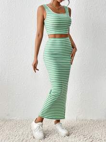 Flirla Women's Striped Square Neck Cropped Tank Top And Side Slit Fitted Mini Skirt 2 Pieces Set - Mint Green - View 9
