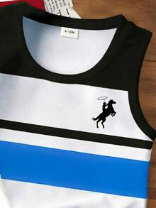 Bộ 3 áo ba lỗ không tay thời trang thường ngày cho bé trai, họa tiết sọc và logo cưỡi ngựa, thích hợp cho các hoạt động ngoài trời mùa hè, kiểu dáng cổ điển tối giản màu đỏ trắng xanh vàng, áo mùa hè đa năng. - Nhiều màu - Xem 3