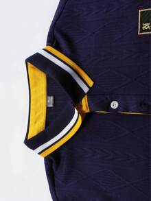 Manfinity Homme 男士柔软Polo衫，夏季休闲商务两相宜，纽扣领设计，适合度假和日常穿着，时尚设计，经典纽扣翻领，户外运动休闲，节日派对，四季皆宜，节日礼物 - 藏蓝色 - 查看 7