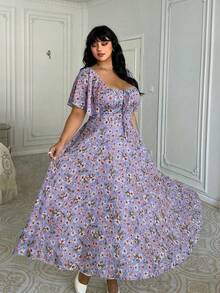 Lyrianda Vestido de verano romántico con estampado floral diminuto para mujer de talla grande en estilo casual de vacaciones - Azul - Ver 6
