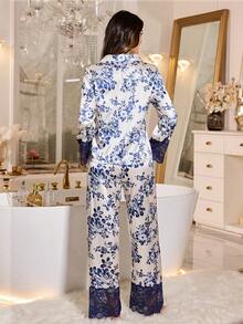 LuxeNights Bộ đồ ngủ satin cao cấp, thanh lịch, lãng mạn dành cho nữ, phối màu tương phản, họa tiết hoa và ren, cổ ve áo. - Nhiều màu - Xem 2