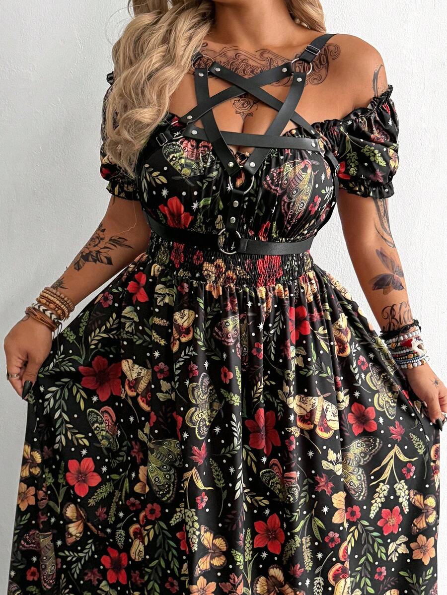 Whyspr Đầm dự tiệc thanh lịch in hoa, eo nhún bèo dành cho nữ cỡ lớn - màu đen - Xem 1