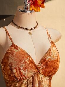 SHEIN ICON Camiseta de tirantes con volantes y estampado de paisley para mujer talla grande - Naranja - Ver 8
