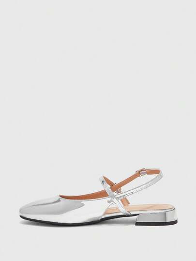 CUCCOO BIZCHIC Coarse Heel Flat-Soled Women's Shoes Silver Back Strap Belt Simple And Comfortable Commuting Women's Flat-Soled Shoes Daily Versatile Work Spring And Summer Mary Jane Women's Shoes